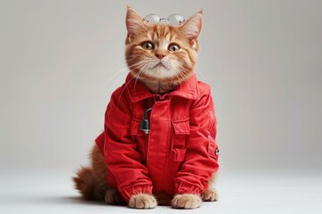 Wall Mural - Happy cat wearing Mechanic costumes, studio lighting, isolated on white background, stock photographic style