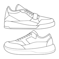 set of outline Cool Sneakers. Shoes sneaker outline drawing vector, Sneakers drawn in a sketch style, sneaker trainers template outline