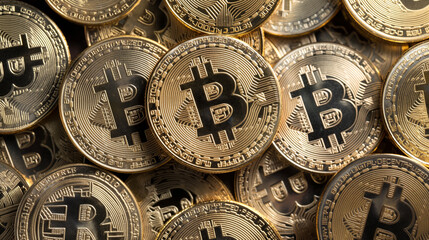 Wall Mural - A close-up of a pile of shiny gold Bitcoin coins, digital cryptocurrency's