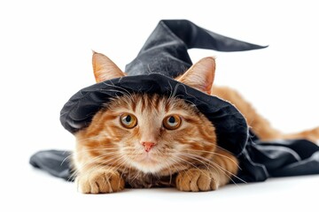 Wall Mural - Happy cat wearing Witch costumes, studio lighting, isolated on white background, stock photographic style