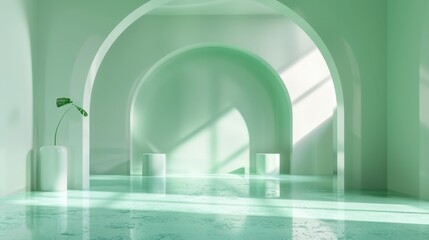 Wall Mural - Serene 3D Composition on High Key Green Background with Soft Pastel Colors and Centered Negative Space