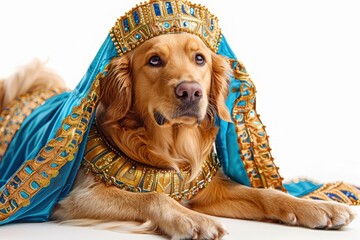 Wall Mural - Happy Dog wearing Cleopatra costumes, studio lighting, isolated on white background, stock photographic style