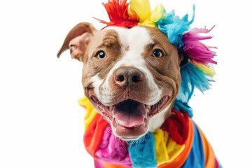 Wall Mural - Happy Dog wearing Clown costumes, studio lighting, isolated on white background, stock photographic style