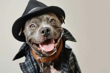 Wall Mural - Happy Dog wearing Gangster costumes, studio lighting, isolated on white background, stock photographic style