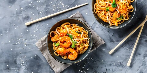 Wall Mural - Top view of two bowls of traditional Chinese stir fry noodles. Concept Food Photography, Asian Cuisine, Stir Fry Noodles, Top-Down Perspective