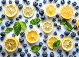 Fresh blueberries and vibrant lemon slices arranged artfully on a crisp white background, evoking a sense of refreshing summer cuisine and healthy eating inspiration.