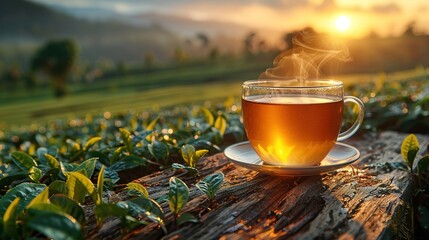 Cup of hot tea and leaf on the wooden table with the tea plantations background