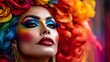 © Janis - Elegant drag queen with colorful makeup in extravagant attire against vibrant floral background. Generative AI