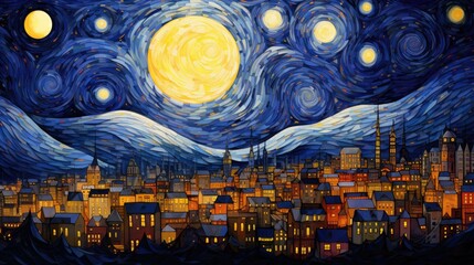 Wall Mural - A beautiful painting of the night cityscape with a full moon