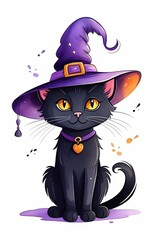 Wall Mural - Cartoon cute Black cat in a witch hat for Halloween, flat vector illustration on white background. With space for text. idea for greeting card, kid Tshirt