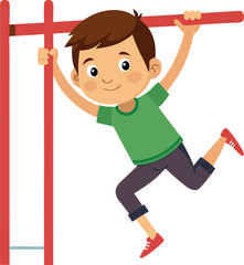 Happy Boy Playing on Jungle Gym Bars in Playground