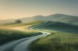 © Dina - rural tourism, minimalist landscape winding path through a serene countryside, bathed in soft morning light with mist, explore off the beaten road way path and discover hidden gems