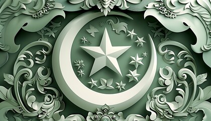 An elegant papercut depiction of the crescent moon and star, surrounded by decorative motifs, in green and white, for Independence Day.