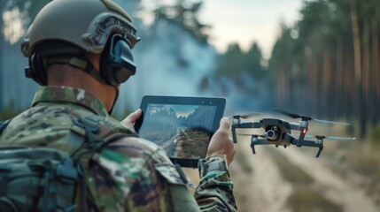a man in a military uniform controls the flight of a drone using a tablet.
