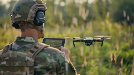 Poster - a man in a military uniform controls the flight of a drone using a tablet.