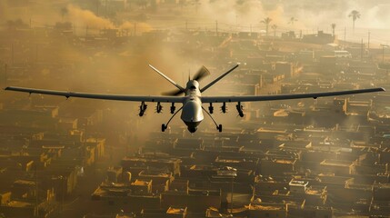 Wall Mural - a reconnaissance drone flies over a war zone.