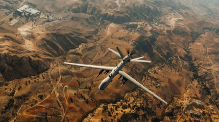 Wall Mural - a reconnaissance drone flies over a war zone.