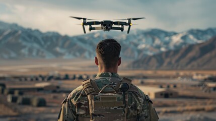 Canvas Print - a man in a military uniform controls the flight of a drone using a tablet.