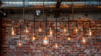 Wall Mural - Industrial-style backdrop with exposed brick, metal pipes, and hanging Edison bulbs