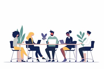 Wall Mural - people at business meeting - diverse team of company collaborating around a conference table, fostering creativity and innovation flat illustration copy space top white