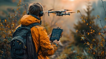 Poster - a man in a military uniform controls the flight of a drone using a tablet.