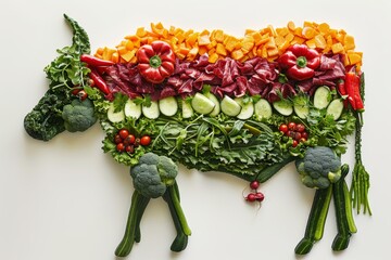 Wall Mural - Vibrant Cow Made of Vegetables on White Background Generative AI