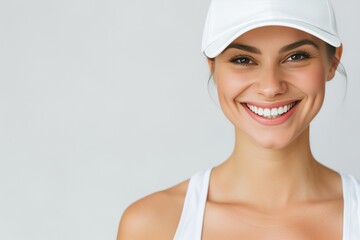 Wall Mural - Radiant Young Woman with White Cap Smiling on Neutral Background