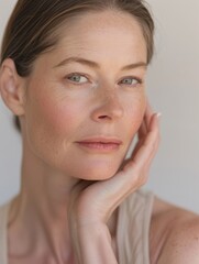 Wall Mural - Natural woman with tied-back hair in neutral top