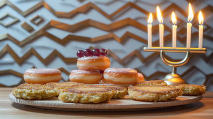 Traditional Hanukkah Celebration with Sufganiyot and Potato Latkes on Wooden Table