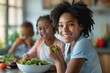 © Sach - African american woman with family on background eating a healthy salad after workout. Fitness, Generative AI
