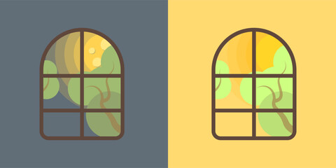 Day and night outside the window vector icons. Windows with landscape vector. Simple windows icons set. Two windows day and night vector