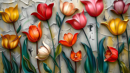 Wall Mural - Stucco artwork of tulip flowers in a riot of colors, forming a cheerful and vibrant display on the wall.