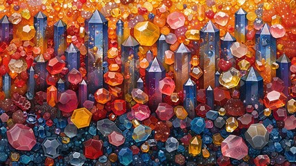 Wall Mural -   A vivid depiction of multicolored crystals on a warm yellow-orange backdrop, adorned with water droplets