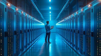 Poster - man standing in a modern data center with blue lights