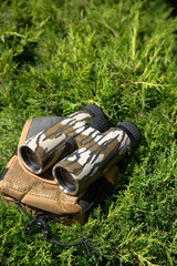 Wall Mural - Modern binoculars. An optical instrument for observation at long distances. Green fir back