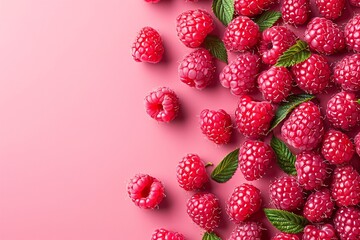 Wall Mural - Macro shot of fresh, dew-covered raspberries with a soft-focus background. Raspberry banner. raspberry background.