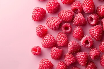 Wall Mural - Macro shot of fresh, dew-covered raspberries with a soft-focus background. Raspberry banner. raspberry background.