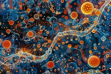 An array of scientific illustrations, featuring DNA strands and chemical bonds, creates a visual explosion with copy space