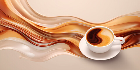 Poster - Coffee background, a cup of coffee against a background of soft waves in brown tones, top view	
