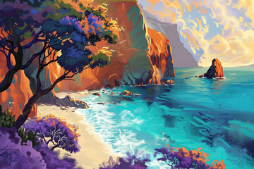 Wall Mural - Landscape with mountain and sea