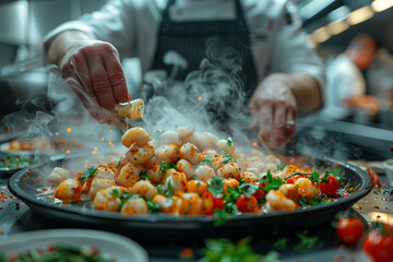 Canvas Print - A gourmet chef preparing an exquisite dish in a high-end restaurant. Concept of culinary arts and gastronomy. Generative Ai.