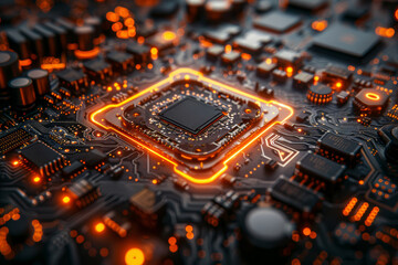 Poster - a microchip with intricate circuits, showcasing technological advancement. concept of computing and 