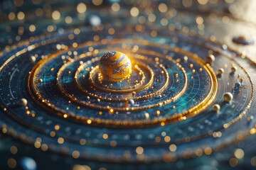 Poster - an intricate model of the solar system, highlighting the planets' orbits. concept of astronomy and e