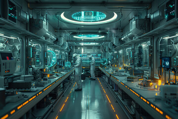 Poster - a high-tech laboratory with scientists working on advanced genetic experiments. concept of innovatio