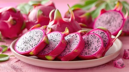 Wall Mural -   Dragonfruit sliced, half, pink surface, arranged with other fruits