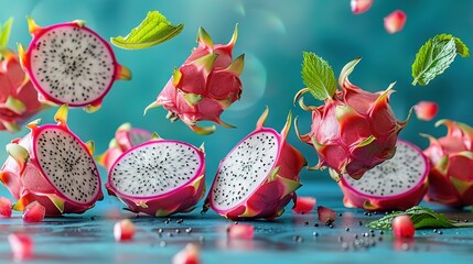 a group of dragon fruit cut in half and placed on a blue surface with drops of water on the surface