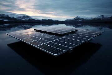 Wall Mural - Solar panels float peacefully on a calm lake with snow-capped mountains in the background during twilight