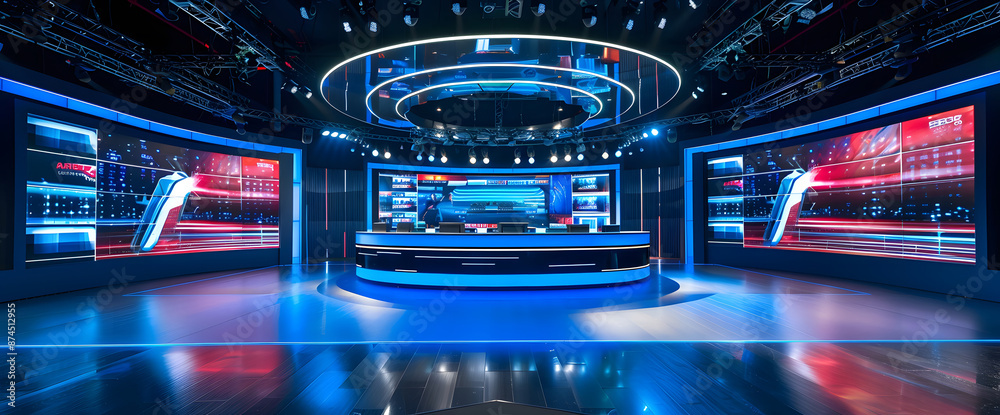 TV studio set. Hand-edited generative AI. TV or Cable new network live ...