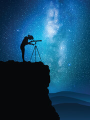 Sticker - Woman and telescope on rock. Astronomer at work. Milky Way, starry sky