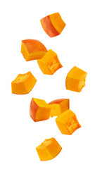 Wall Mural - falling piece of pumpkin, cubes, isolated on white background, full depth of field